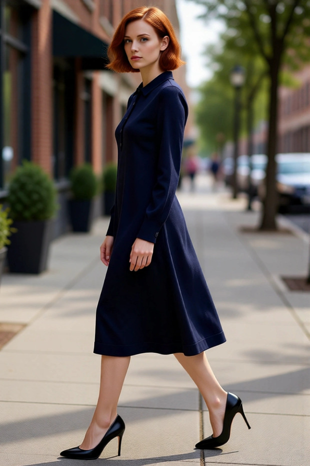 Women's Knitwear Midi Polo Neck Long Sleeve Stylish Shift Dress Casual and Comfortable for Everyday Wear