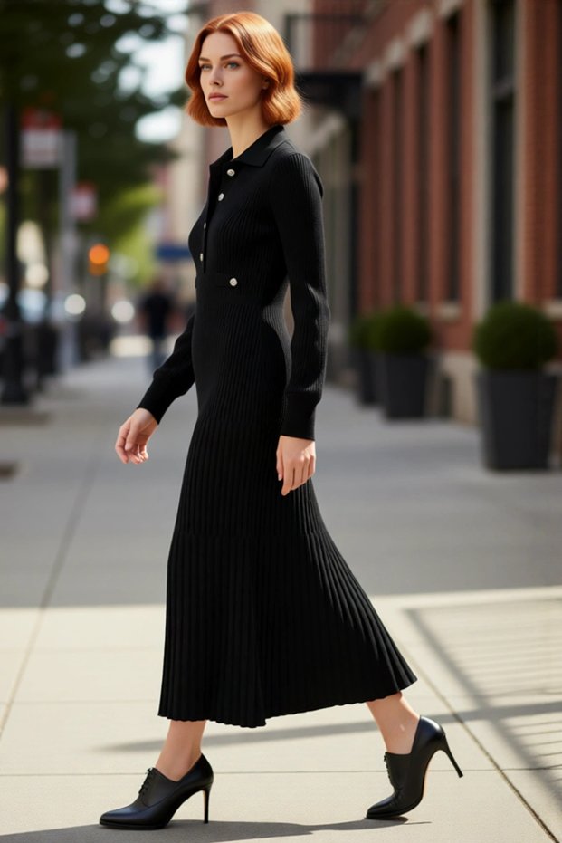 Women's a Line 100% Acrylic Ribbed Knit Maxi Dress with Polo Neck and Metal Buttons Hijab Winter Wear