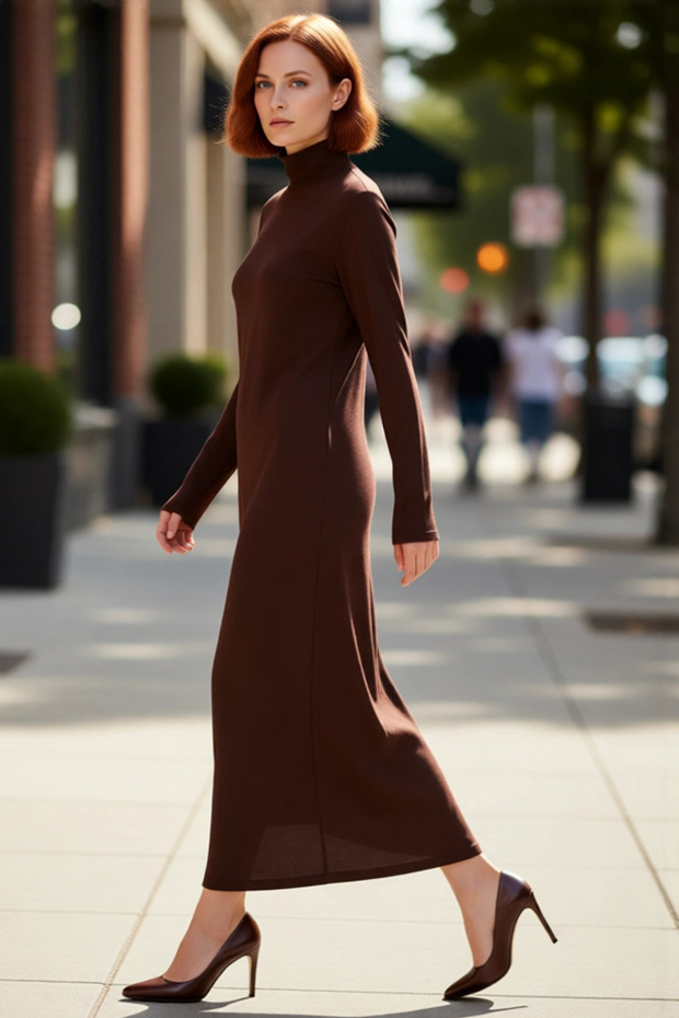 Women's Mock Neck A-Line Knitwear Maxi Dress Long Standard Sleeve Acrylic Plain Pattern Winter Casual Stylish