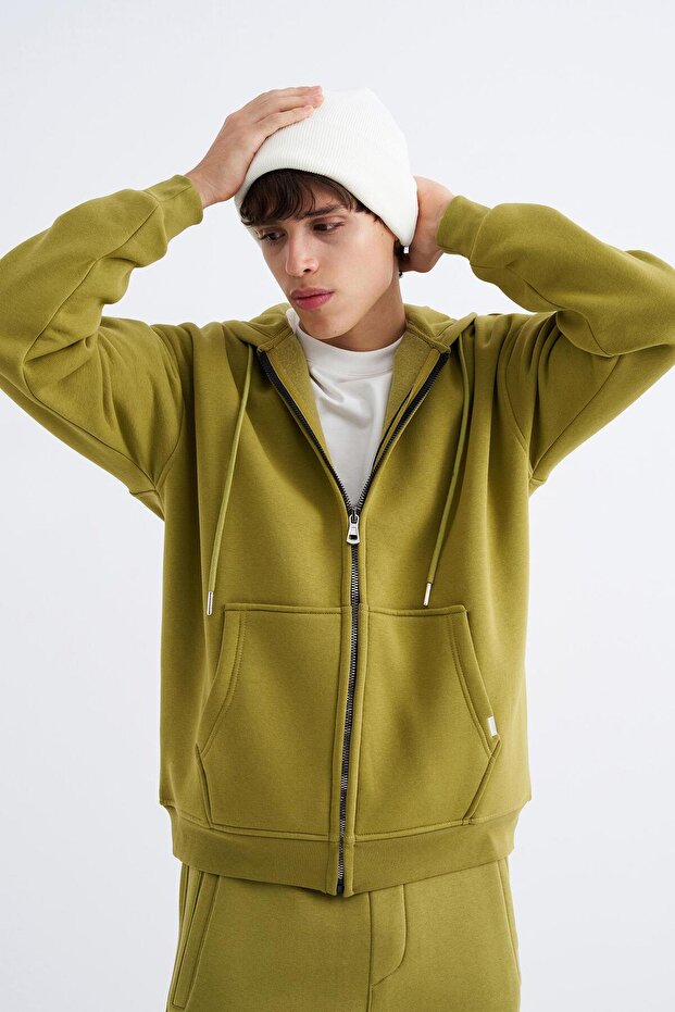 Oversize Fermuarlı Cepli Kapüşonlu Basic Sweatshirt GREEN - 2