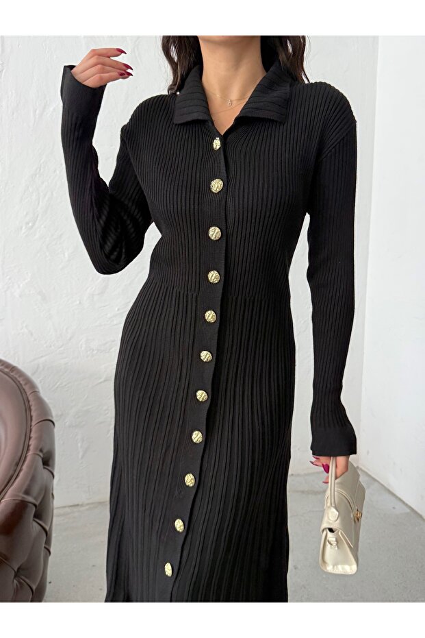 Dámské černé elegantní dlouhé úpletové košilové šaty s knoflíky - 5