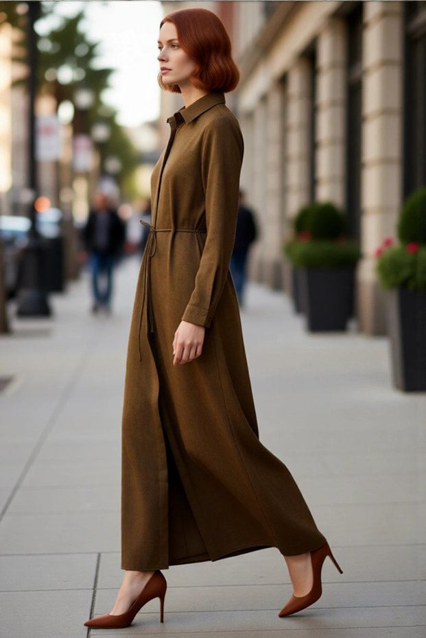 Women's A-Line Shirt Collar Maxi Length Unlined Linen Look Plain Hijab Woven Dress High Quality