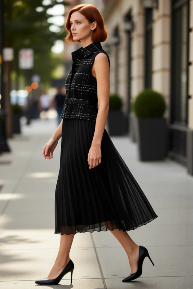Women's Skater Midi Dress Shirt Collar Sleeveless Tweed Woven Detailed Belted Pleated Stylish Design
