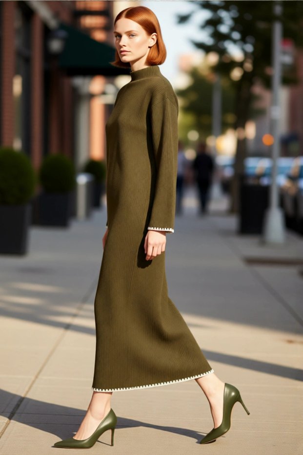 Women's Plain Pattern Mock Neck Long Low Sleeve Maxi Length Shift Fit Acrylic Knitwear Dress Casual Chic