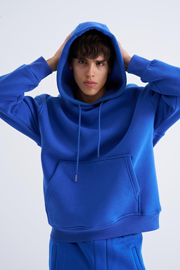 Erkek Basic Kapüşonlu Oversize Saks Sweatshirt - 1
