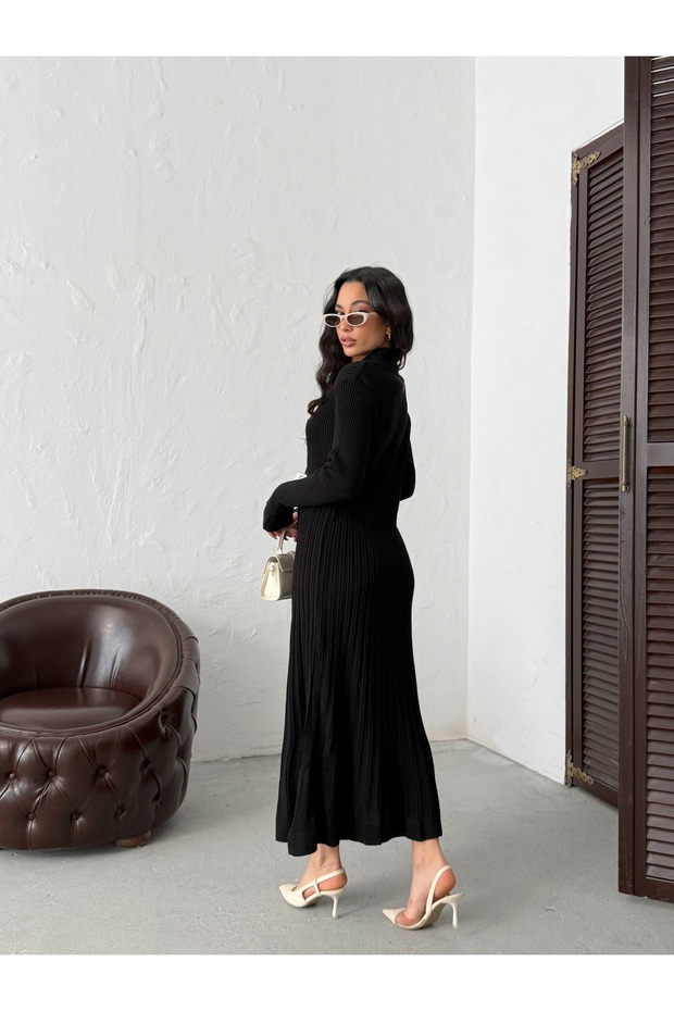 Dámské černé elegantní dlouhé úpletové košilové šaty s knoflíky - 6