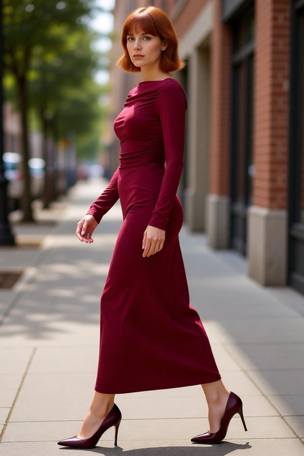 Women's Boat Neck Bodycon Long Sleeve Midi Dress Ruched Detail Knitted Fabric Stylish for All Seasons