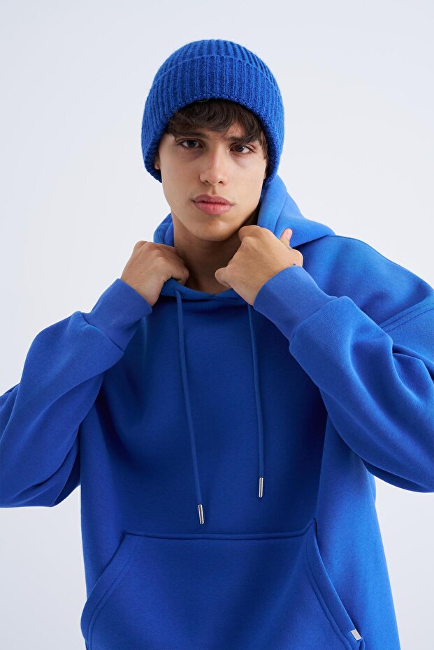 Erkek Basic Kapüşonlu Oversize Saks Sweatshirt - 2