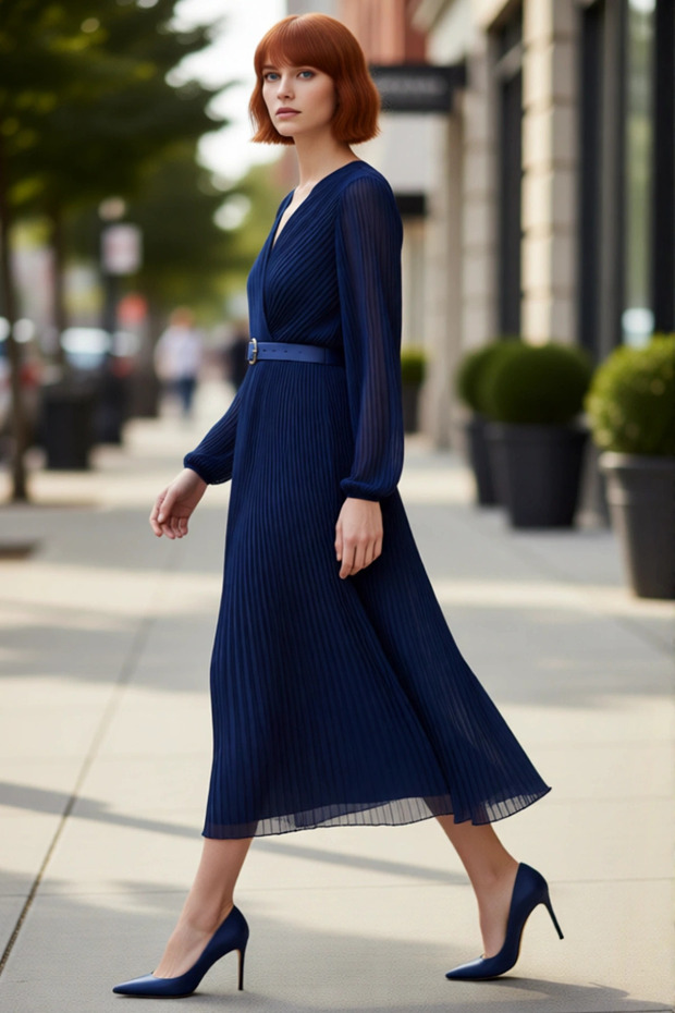 Women's Double-Breasted Collar Pleated A-Line Chiffon Maxi Dress with Lining and Belt Long Sleeves Offers Elegance
