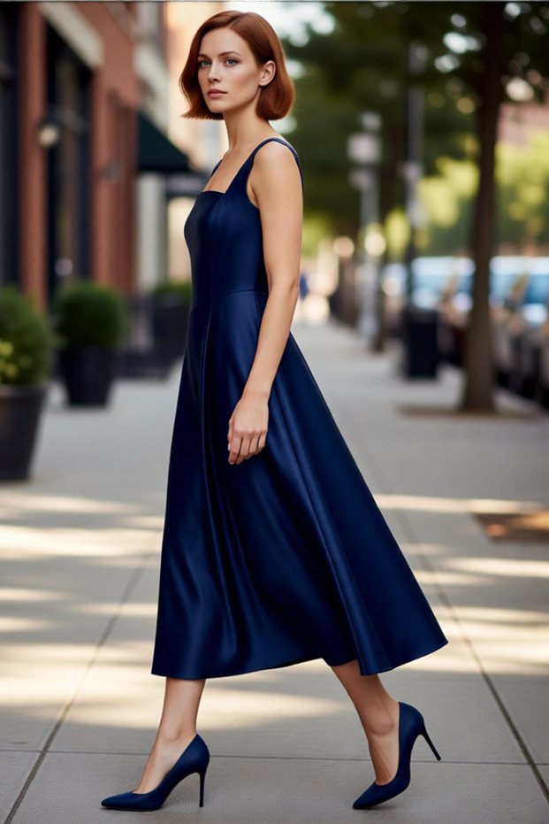 Women's Skater Fit Midi Length Satin Woven Square Neck Cocktail Chic Homecoming Dress with Thick Straps
