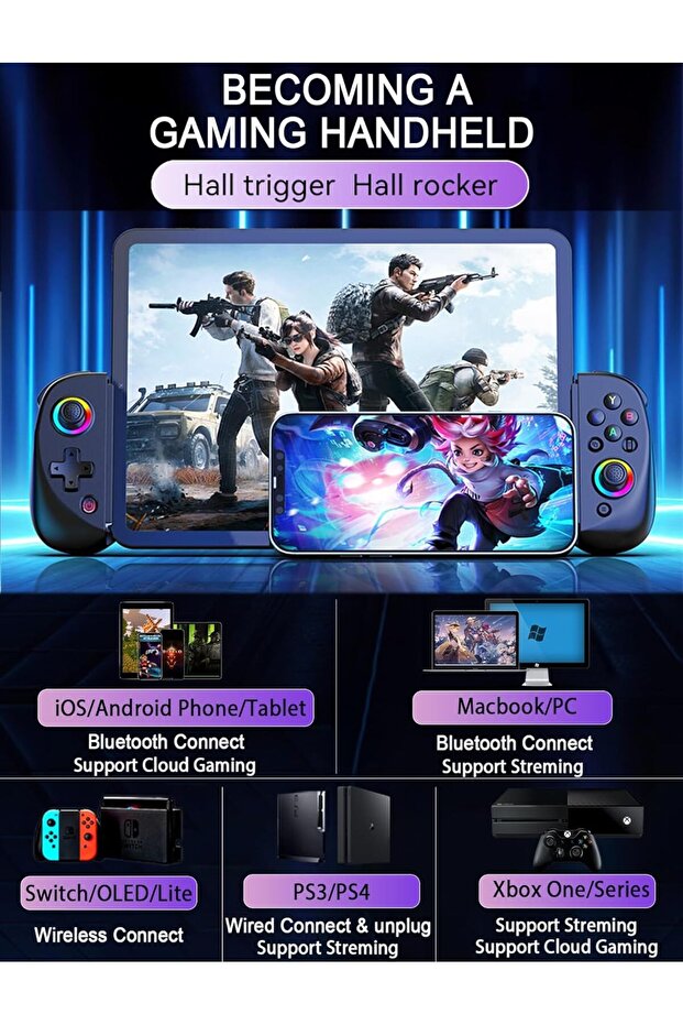 Game Controller with RGB Lights, Turbo Mode Compatible with iPad, Tablet, iPhone, Android, PC, - 3