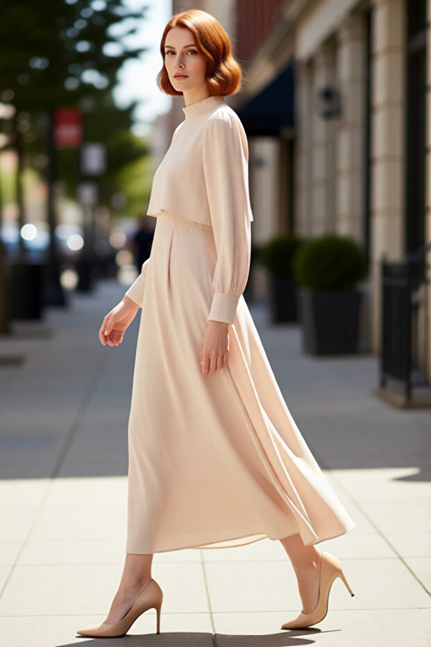 Women's Plain Pattern a Line Maxi Woven Dress Mock Neck Long Sleeve Spring Autumn Offers Elegance