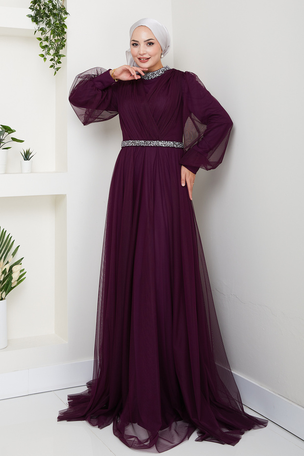 Plus Size Hijab Evening Dress with Stone Detailing on Neck and Waist Esna