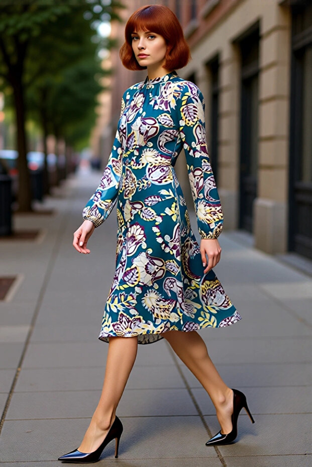 Women's A-Line Raglan Sleeve Midi Length Shawl Patterned Lined Chiffon Woven Mock Neck Elegant Dress Quality