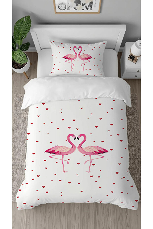 Heart Flamingo Love Affection Pink Patterned Printed Specially Designed Single Duvet Cover Set Without Sheets