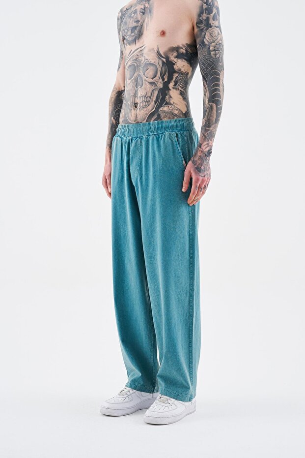 Erkek Effected Yıkamalı Basic Turquoise Eşofman Altı - 2