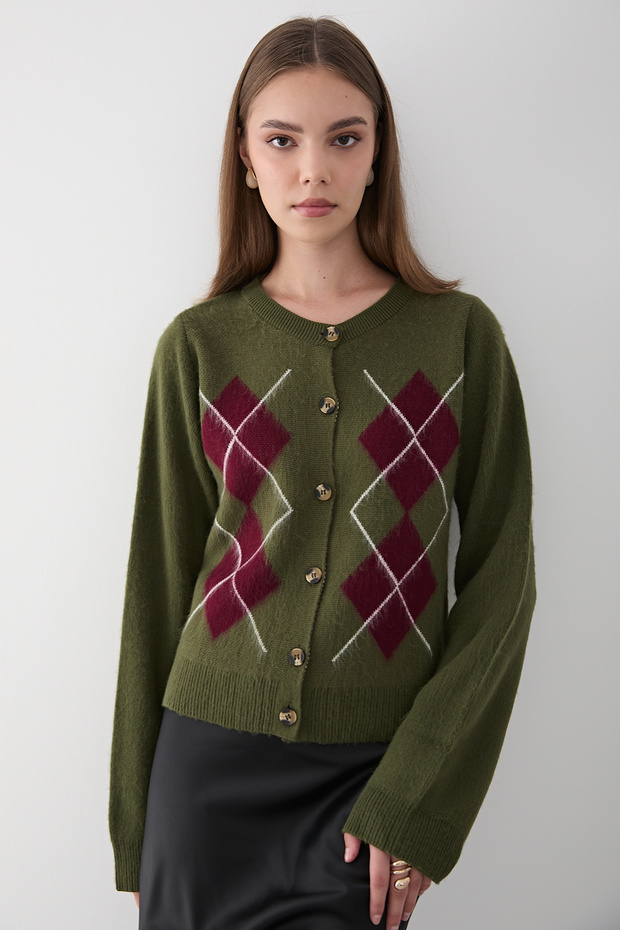 Women's Khaki Argyle Patterned Buttoned Knitwear Sweater