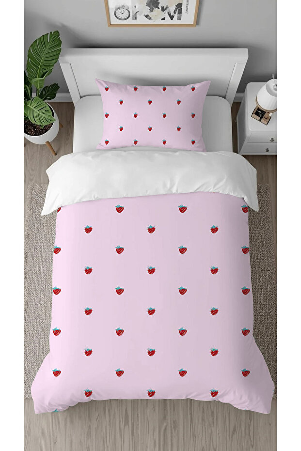 Strawberry Fruit Pink Patterned Printed Special Design Single Person Style Stylish Duvet Cover Set Without Sheets