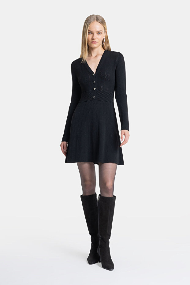 SİYAH AJURLU TRİKO ELBİSE - 6