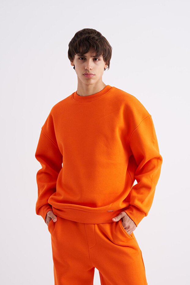 Erkek Basic Bisiklet Yaka Oversize Turuncu Sweatshirt - 2