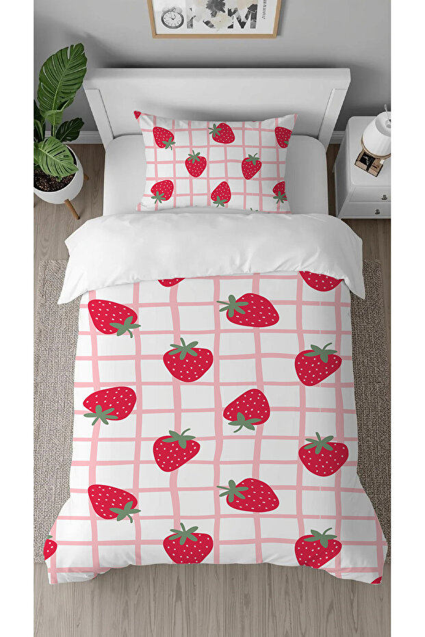 Strawberry Fruit Pink Square Patterned Printed Specially Designed Single Style Stylish Duvet Cover Set Without Sheets