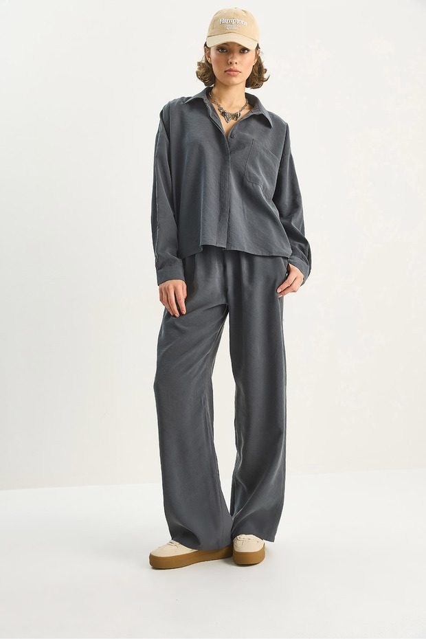 Kadın Modal Tek Cepli Oversize Gömlek Yüksek Bel Bol Pantolon Takım 210 60283673 - 5