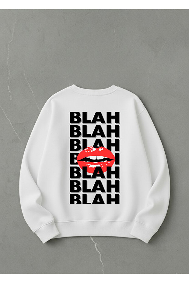 Oversized Unisex Crew Neck White Sweatshirt Blah Printed