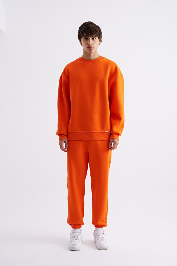 Erkek Basic Bisiklet Yaka Oversize Turuncu Sweatshirt - 5