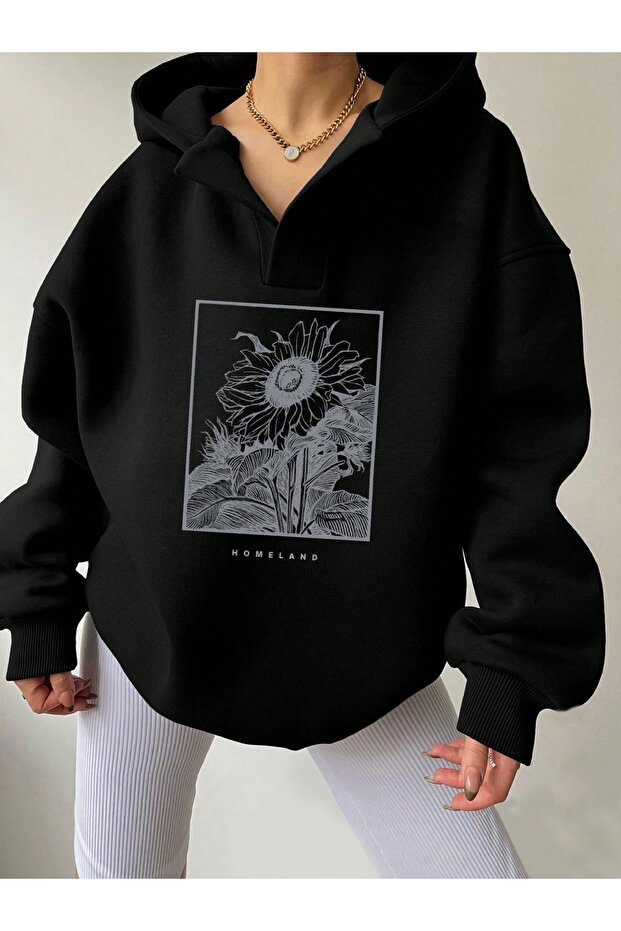 Unisex Black V-Neck Hooded Sunflower Printed Oversized Swetshirt