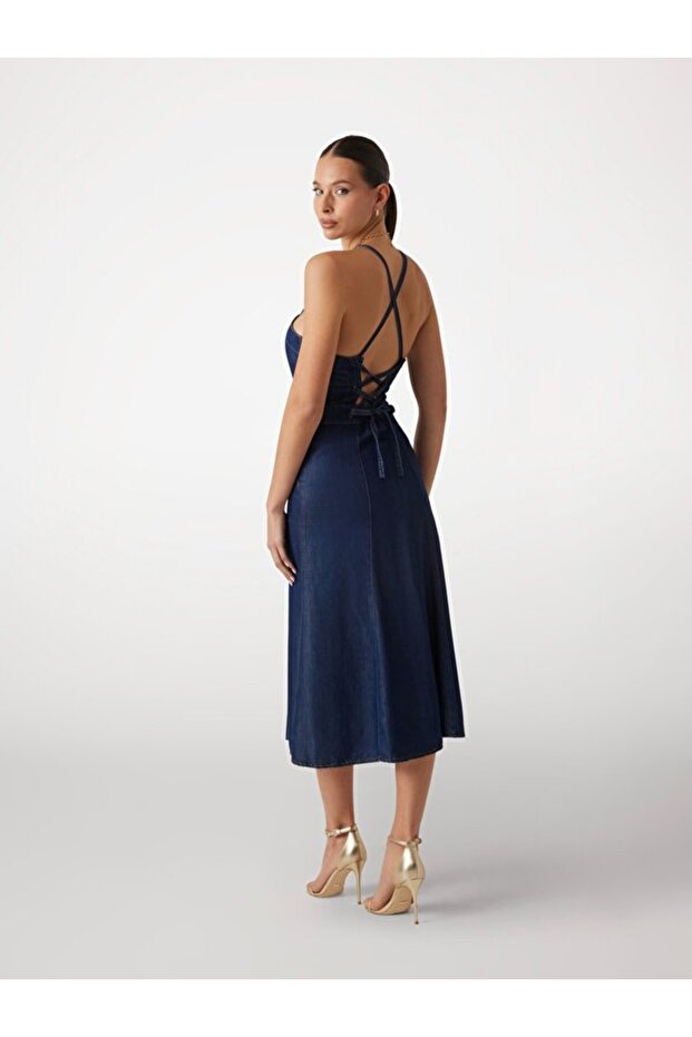 Midi Denim Güneş Elbisesi - 3