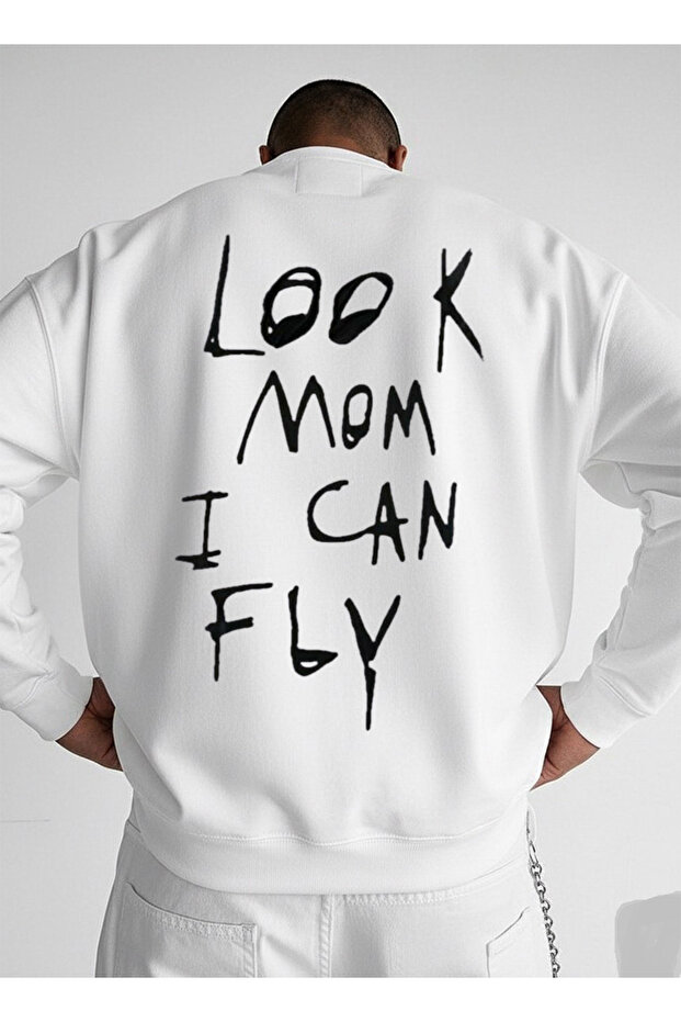 سويت شيرت برقبة دائرية للجنسين قصة فضفاضة مطبوع عليه LOOK MOM