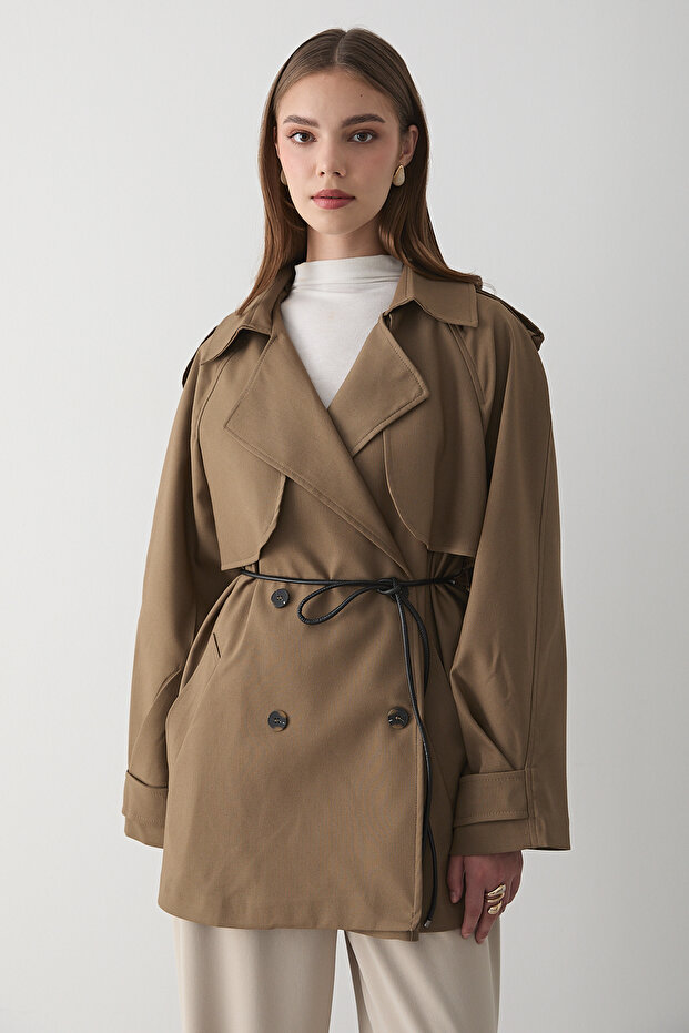 Women's Khaki Double-Breasted Collar Lined Belt Detailed Trench Coat