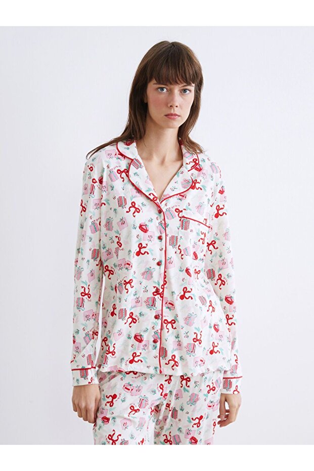 Gömlek Yaka Yılbaşı Temalı Kadın Pijama Takımı - 2