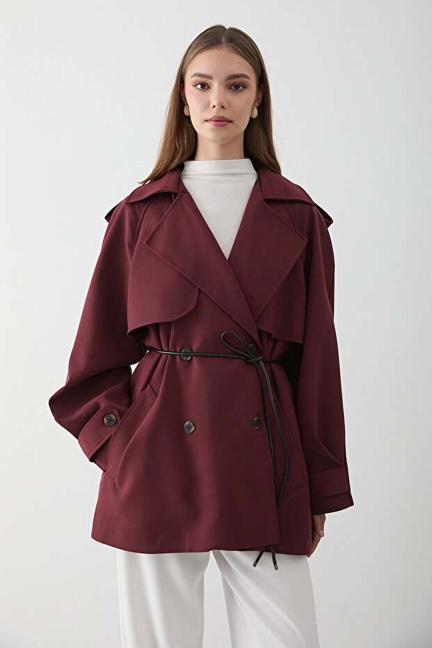 Women's Burgundy Double-Breasted Collar Lined Belt Detailed Trench Coat