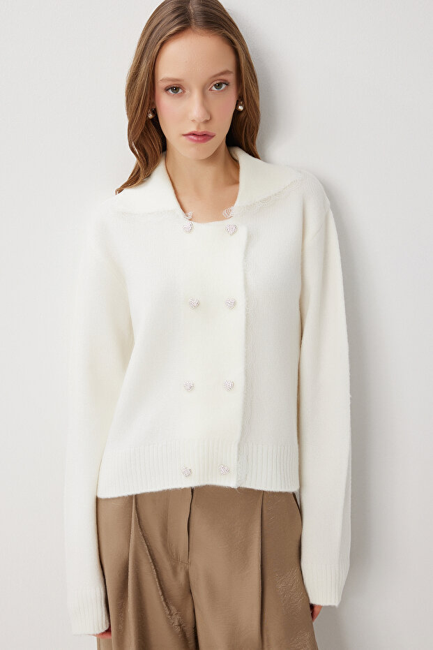 Lace Detailed Buttoned Knitwear Cardigan Lki̇0050 Ecru