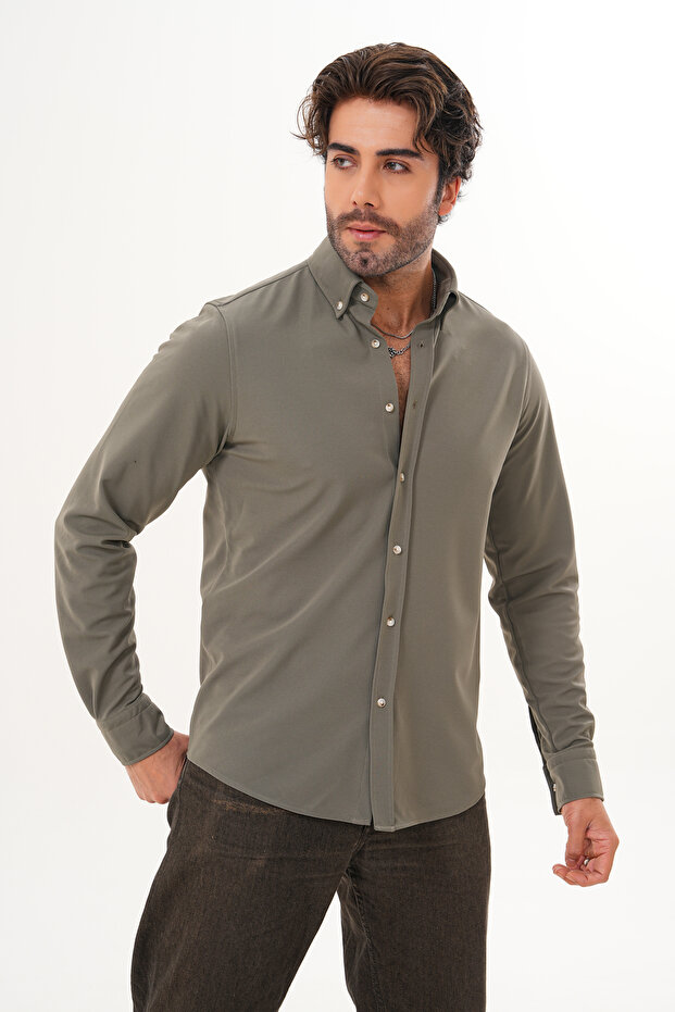 Gömlek Örme Petek Kumaş Mevsimlik Likralı Regular Erkek Gömlek - 7