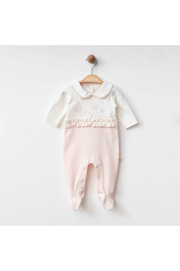 Girl's Jumpsuit Gift Baby Love Mom Patterned Ruffled Cotton Baby Girl Jumpsuit Ecru Pink