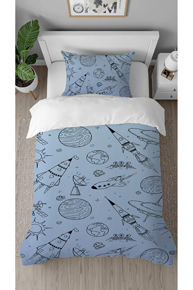 Space Planet Maras Patterned Digital Printed Special Design Single Children's Duvet Cover Set Without Sheets
