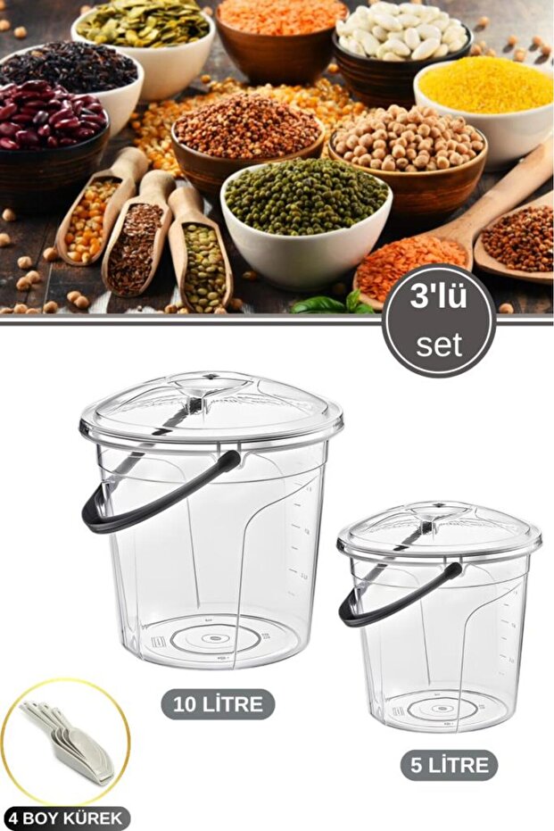 Bakliyat Kova Seti, 5 lt ve 10 lt Kapaklı Kulplu Un Şeker Gıda Kovası + 4 Boy Erzak Küreği Şeffaf - 1