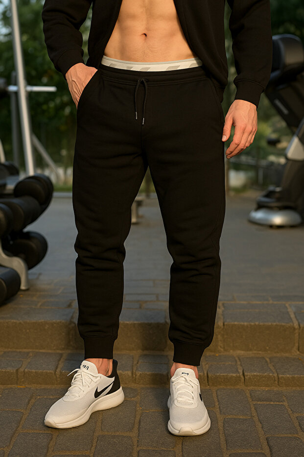 Men's Black Sweatpants Ribbed Leg