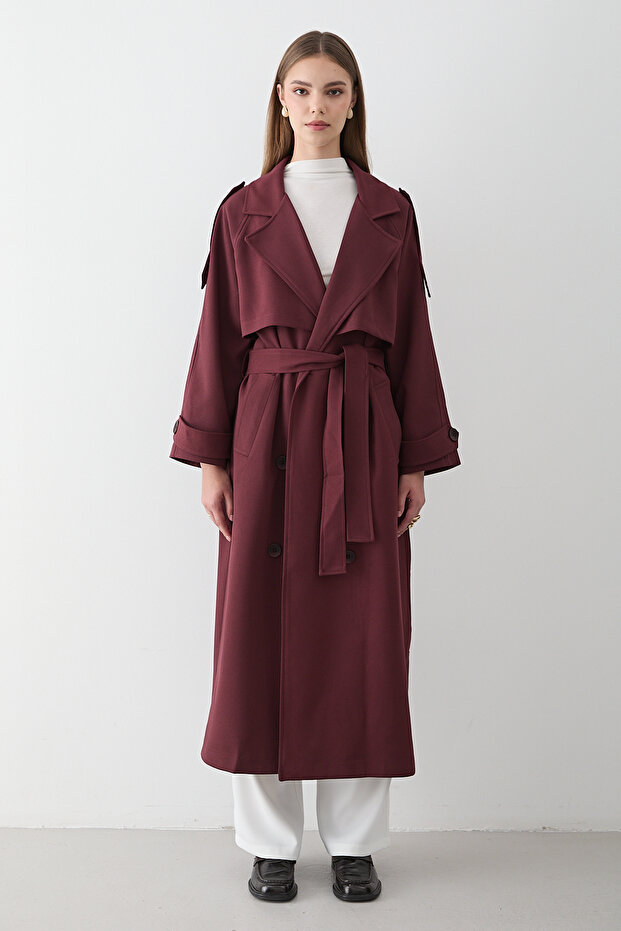 Women's Burgundy Double-Breasted Collar Belted Long Trench Coat