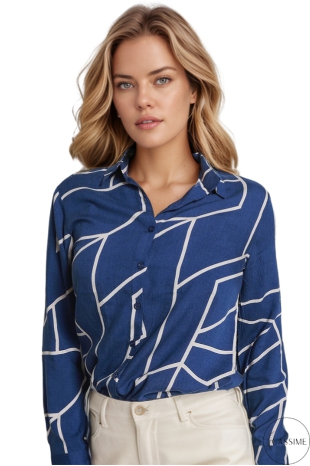 Women's Navy Blue Geometric Striped Viscose Long Sleeve Plus Size Shirt
