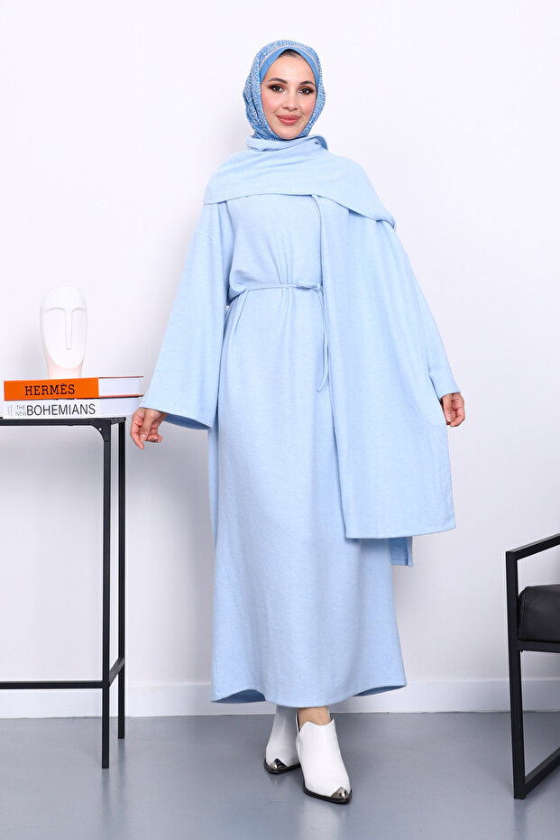 Baby Blue Crew Neck Belted Dress