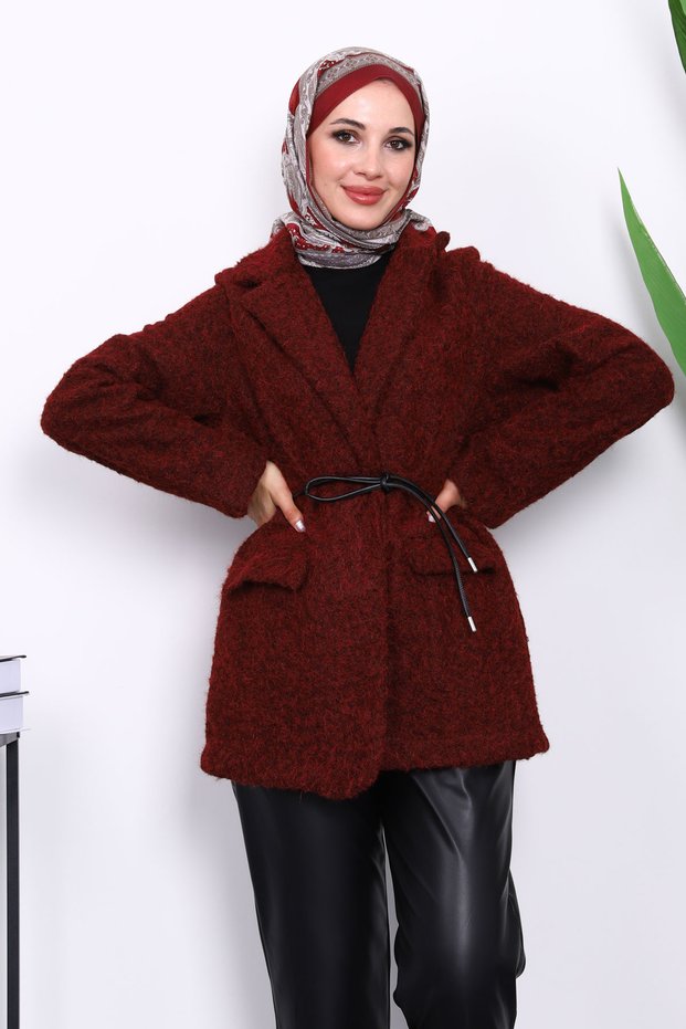 Burgundy Felt Jacket with Belt and Pockets