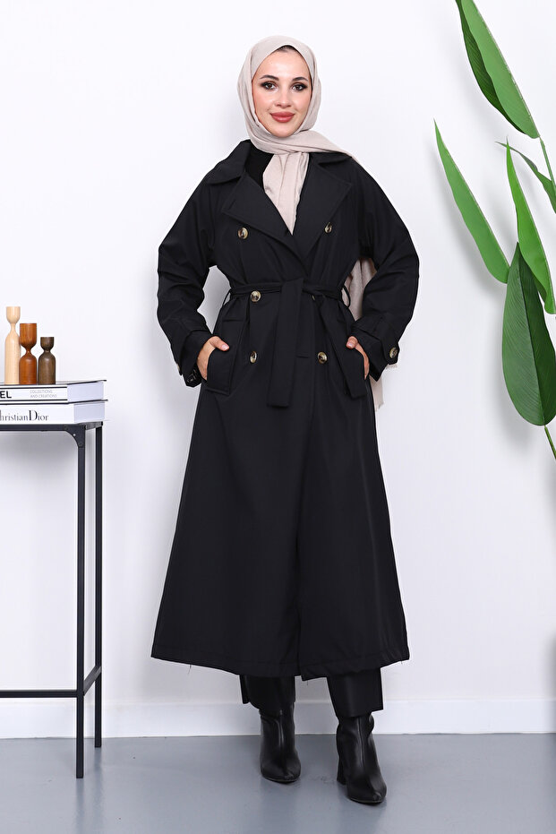 Black Kravuze Collar Belted Lined Trench Coat