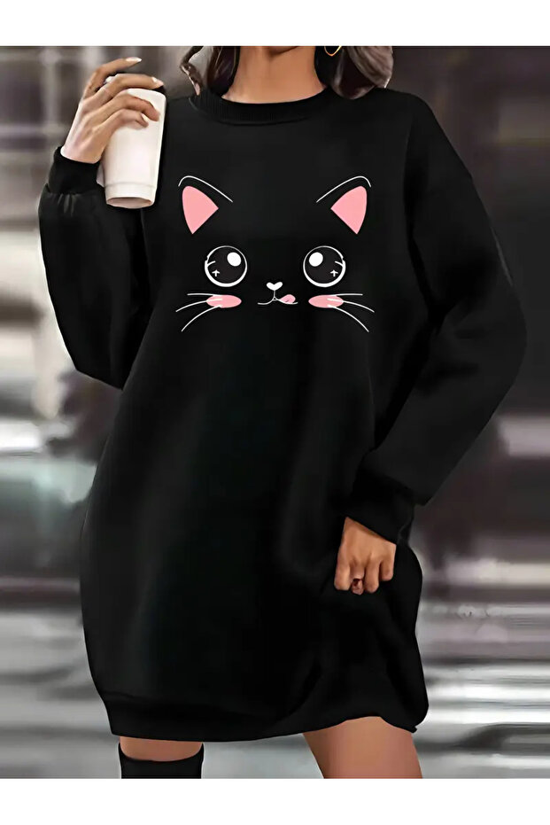 Cute Cat Printed Sweatshirt Dress Women
