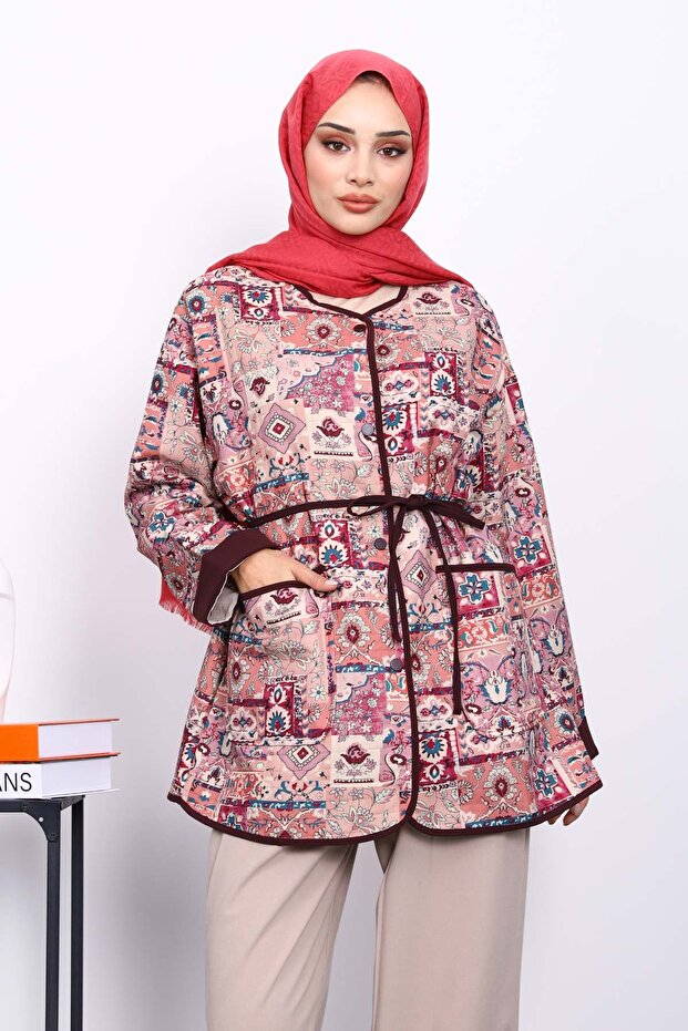 Dusty Rose Ethnic Patterned Snap Fastener Jacket