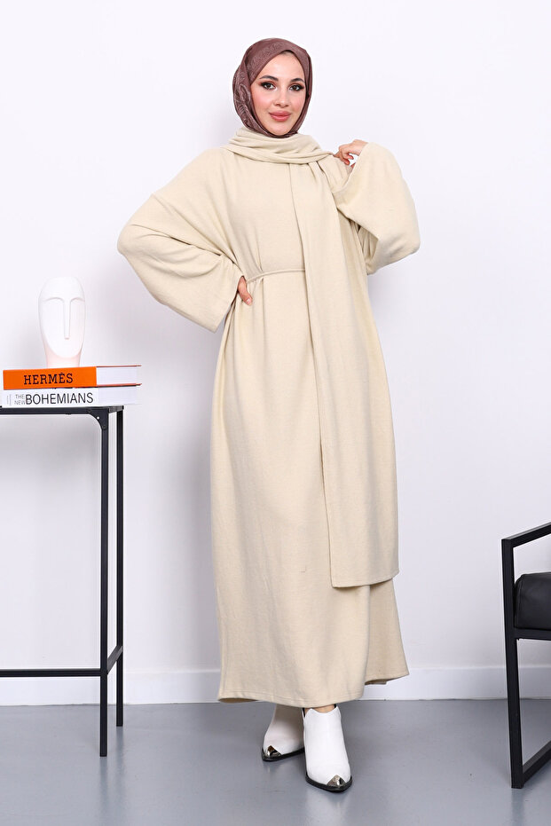 Beige Crew Neck Dress with Waist Belt