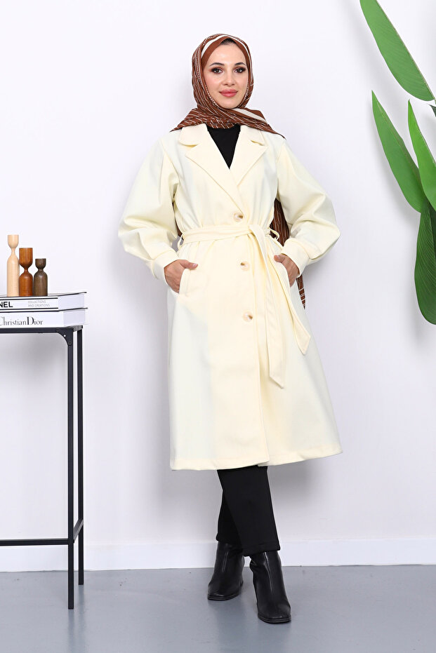 Cream Balloon Sleeve Waist Belted Cashmere Coat