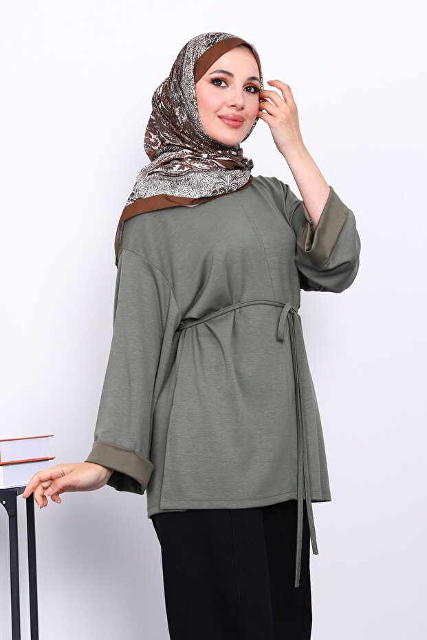 Khaki Tunic with Slits on the Sides and Drawstring Waist - 1